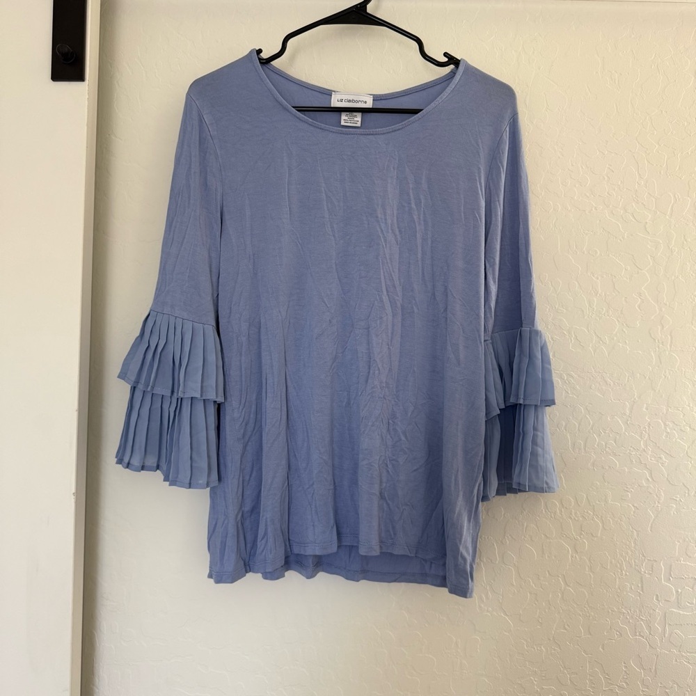 Liz Claiborne Periwinkle Blue Tiered Pleated Bell Sleeve Knit Top Large Office